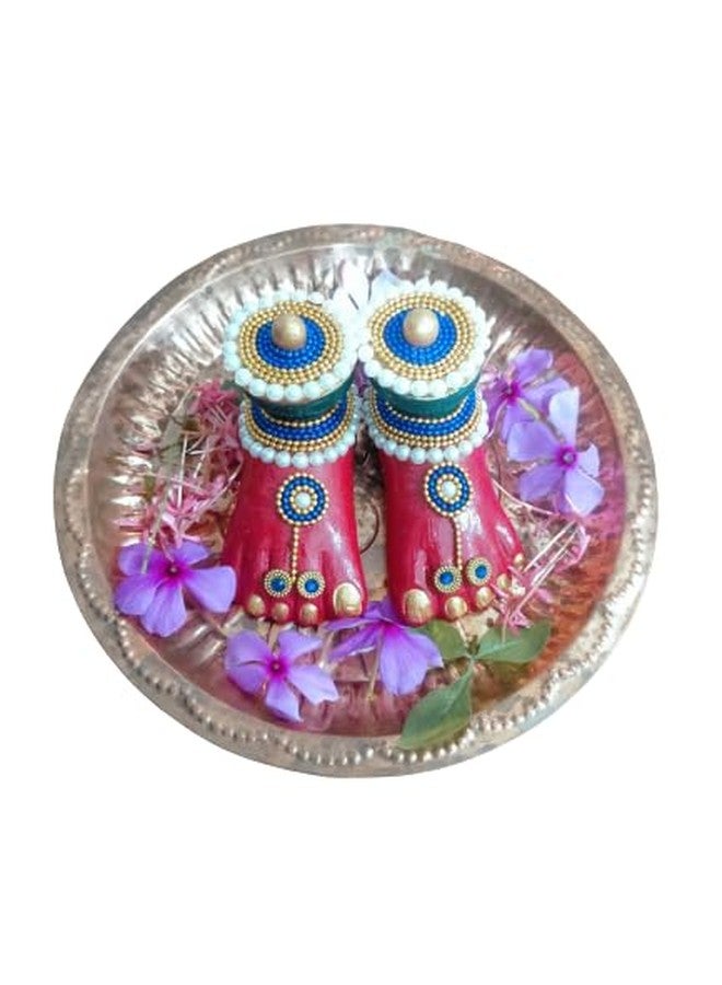 OnDec نعال صغيرة من الطين المحروق مزينة بنقوش حجرية من OnDec Lakshmi/Ma Laxmi (زوج واحد) (أزرق ملكي على أحمر) - Image 3